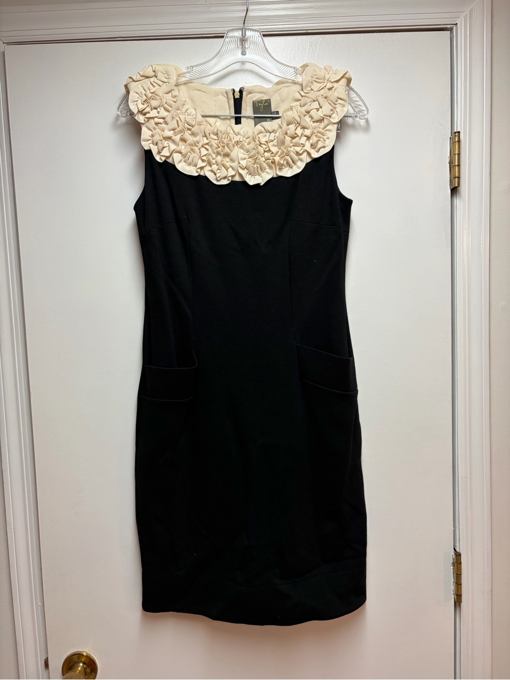 Vintage Women’s Black Sheath Dress with Cream Ruffle Collar and Front Pockets